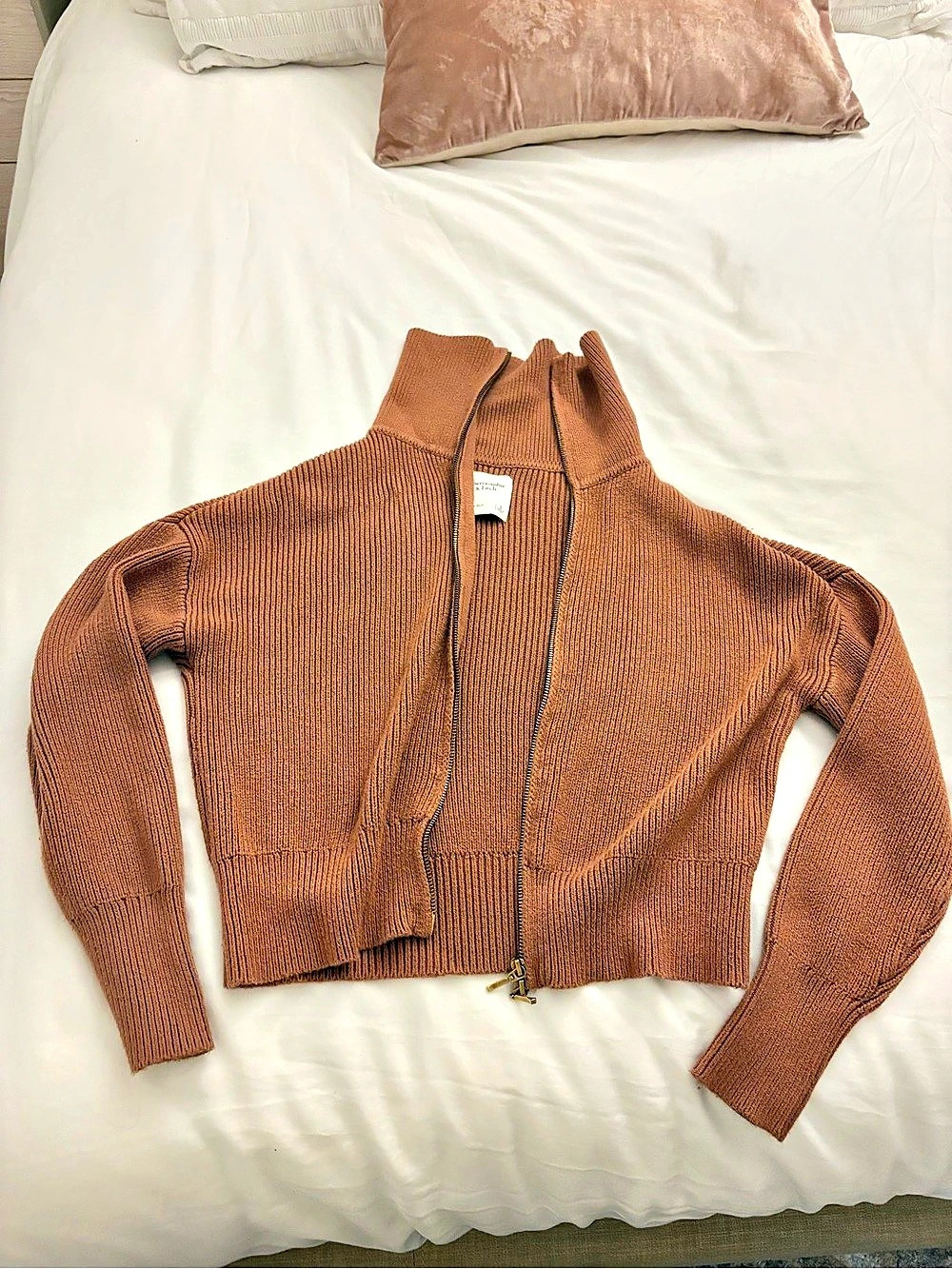 Abercrombie & Fitch Ribbed Full-Zip Mock Neck Cardigan Sweater Brown Small